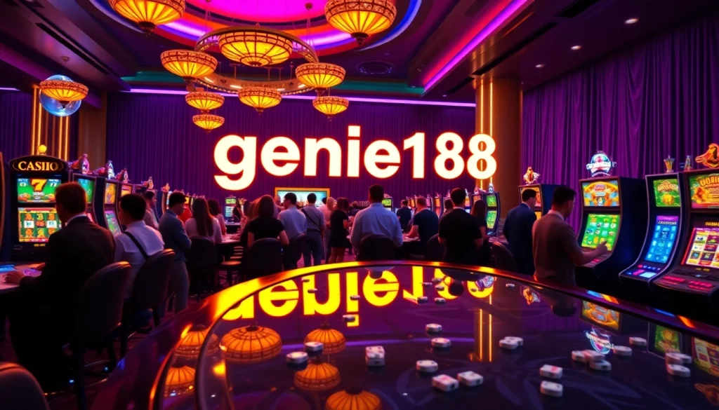 Experience the vibrant atmosphere of genie168, featuring colorful gaming machines and exciting players in action.