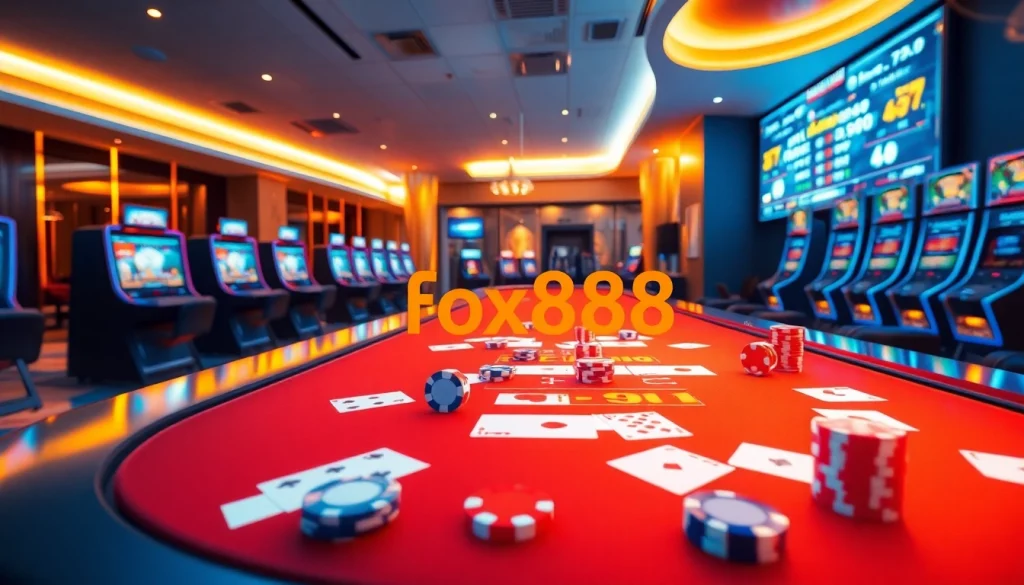 Experience the thrill of fox888 with dynamic casino gaming elements like cards and chips.