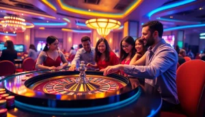 Experience thrilling gameplay with the happyluke roulette table surrounded by excited players.