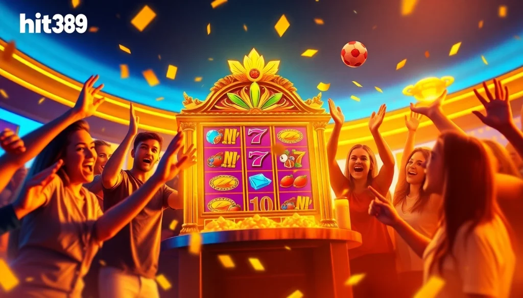 Celebrate big wins at hit789 with this exciting slot machine scene filled with vibrant colors and joyful players.