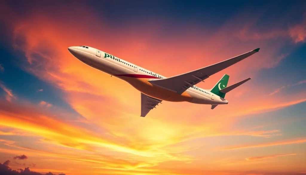 View of a Pakistan International Airlines (PIA) flight pk789 cruising through a vibrant sunset.