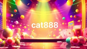 Experience the thrilling world of cat888 with vibrant lottery elements and casino visuals.