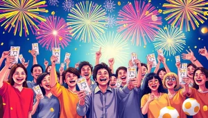 Celebrate your wins with huaysod - vibrant illustration of joyful lottery participants.