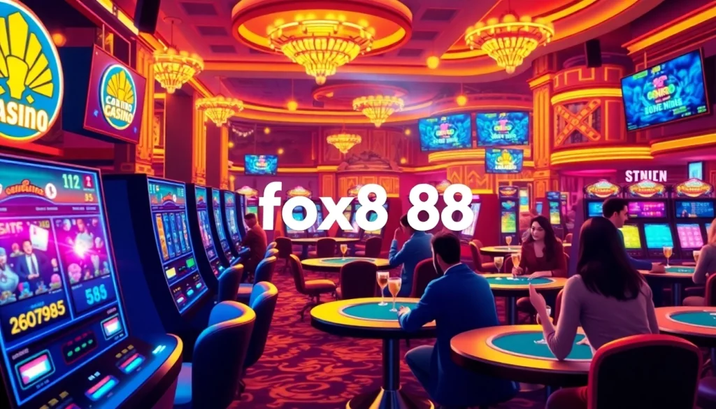 Experience the excitement of fox888's vibrant online casino scene with colorful slot machines and gaming tables.