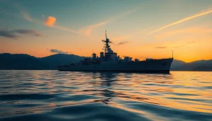 View the historic USS LSM-44 anchored in a serene harbor during sunset.