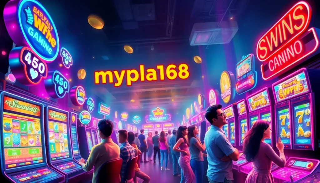 Engage with thrilling gaming experiences at myplay168 featuring vibrant slot machines and joyous players.