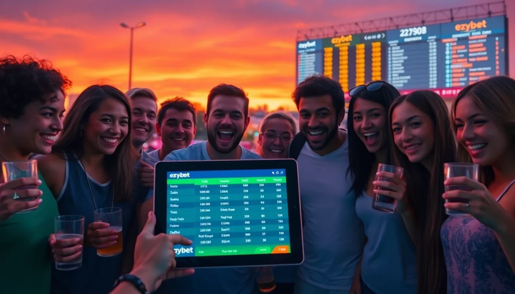 Experience the thrill of ezybet sports betting with a vibrant sunset scene showcasing excited participants engaged with mobile betting.