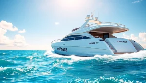 Luxurious yacht named marine88 navigating through vibrant turquoise waters under a sunny sky.