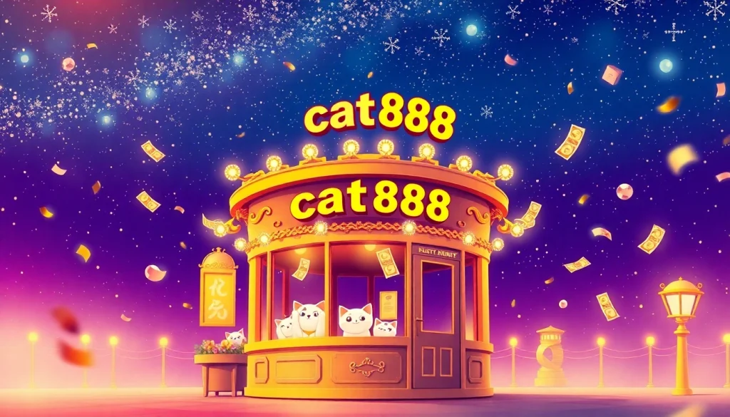 Experience the enchanting cat888 lottery scene filled with playful cats and vibrant tickets.