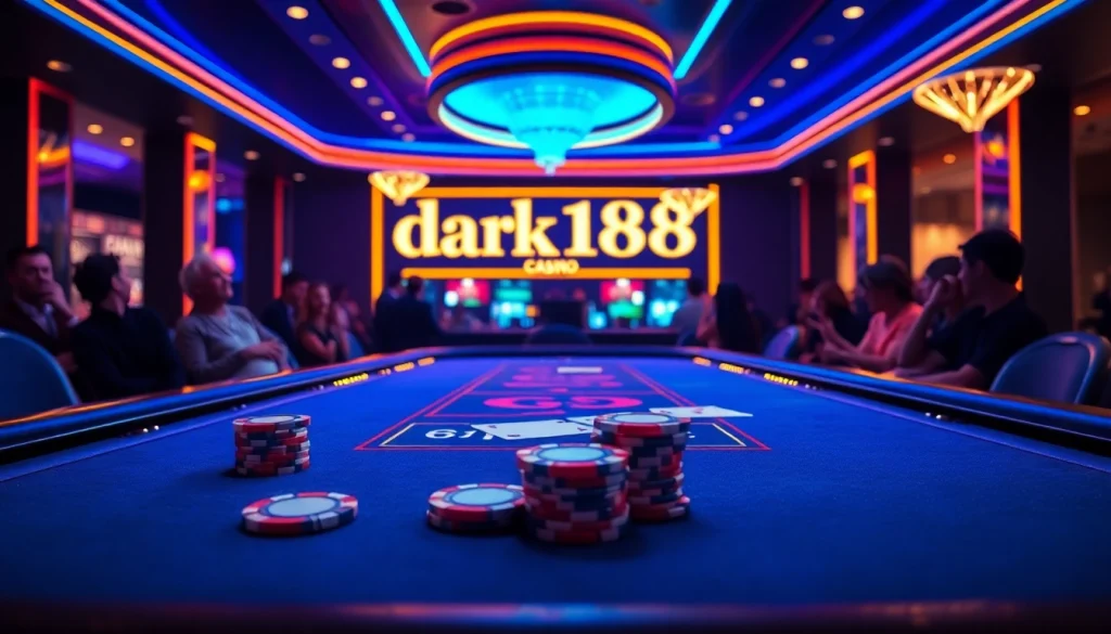 Engage with the vibrant casino atmosphere at dark168, featuring an elegant gaming table adorned with poker chips and glowing neon lights.