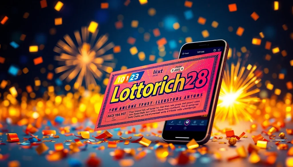 A vibrant lottery ticket representing lottorich28 surrounded by confetti and fireworks.