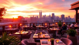 Experience the stunning sunset view at NoHu Rooftop Bar, featuring chic decor and vibrant ambiance.