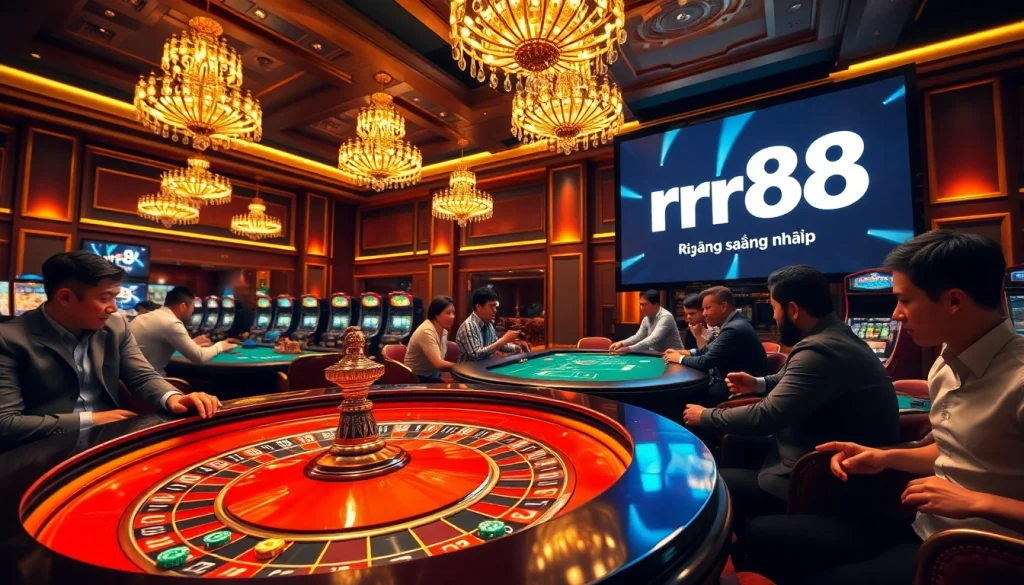 Exciting atmosphere of a casino with players betting at roulette, showcasing rr88 đăng nhập as part of the gaming experience.