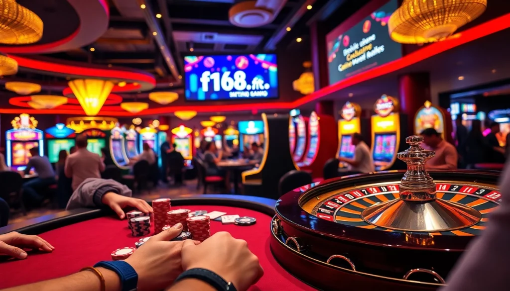 Experience the thrill of gambling at f168.fit, featuring intense poker tables and vibrant slot machines.