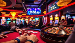 Experience the thrill of gambling at f168.fit, featuring intense poker tables and vibrant slot machines.