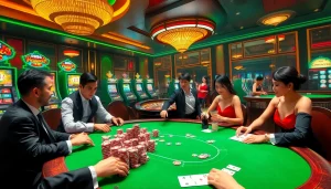 RR88 VIP members enjoying high-stakes poker amidst vibrant casino ambiance.
