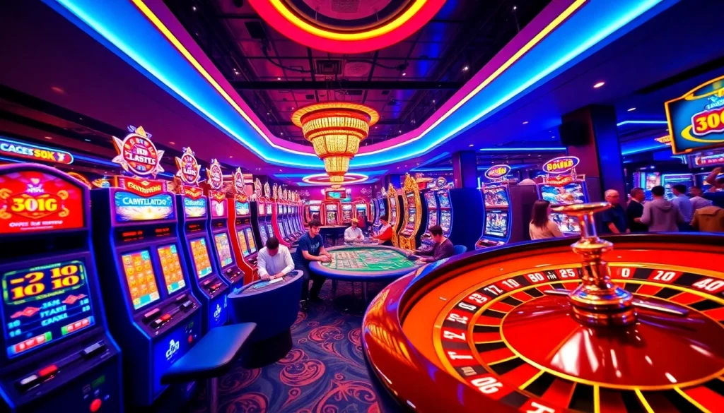 "Overload Casino showcases immersive online gambling with vibrant slot machines and active players."