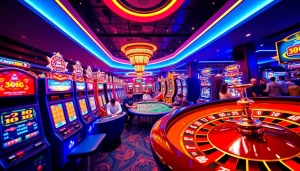 "Overload Casino showcases immersive online gambling with vibrant slot machines and active players."