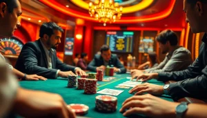 Exciting poker game showcasing kèo nhà cái odds with vibrant chips and cards on a casino table.