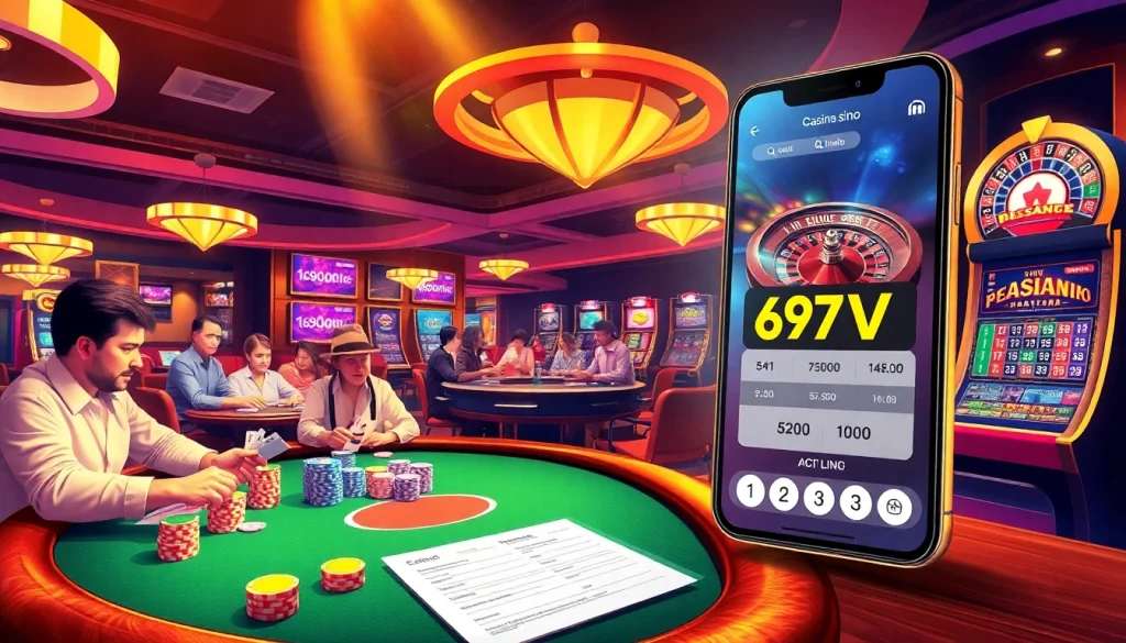 Players enjoying a thrilling night at the casino with nhà cái 69VN tables and colorful poker chips.