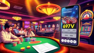 Players enjoying a thrilling night at the casino with nhà cái 69VN tables and colorful poker chips.