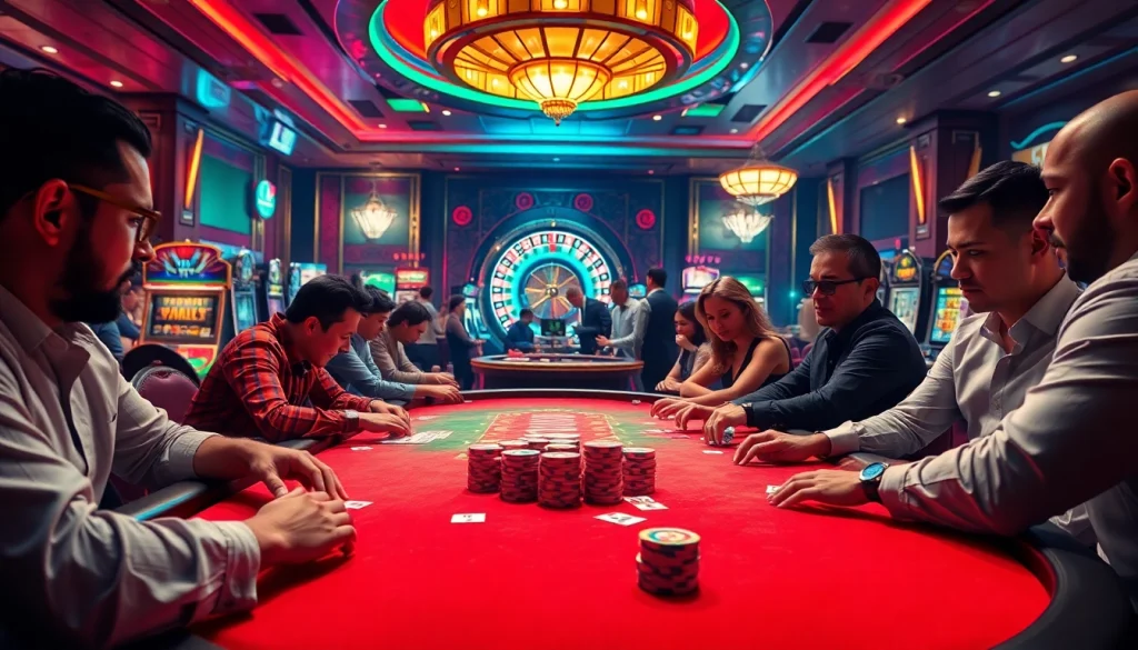 Exciting scene of players engaging in the game bài đổi thưởng at a vibrant casino poker table.