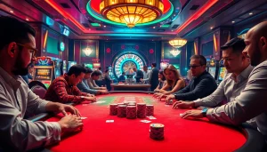 Exciting scene of players engaging in the game bài đổi thưởng at a vibrant casino poker table.