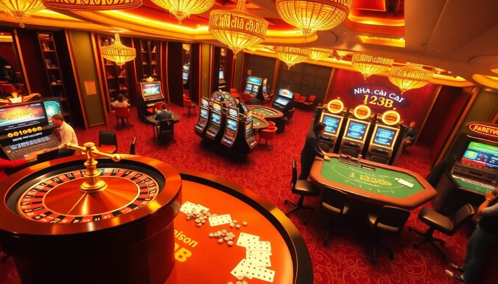 Thriving gamblers at Nhà cái 123B casino showcasing excitement across tables and slot machines.