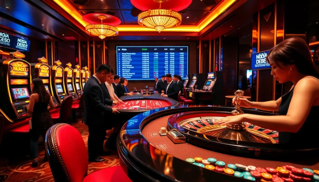 Gamblers at a luxurious casino table with nhà cái Debet branding, capturing high-stakes excitement.