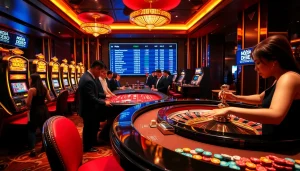 Gamblers at a luxurious casino table with nhà cái Debet branding, capturing high-stakes excitement.