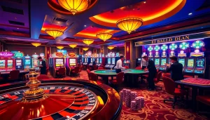 Gamblers enjoying an exciting game at Bet88vn's luxurious casino, with roulette and blackjack tables in action.