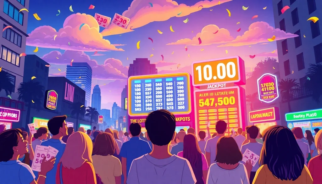 People celebrating a lottery win, surrounded by colorful digital displays and tickets.