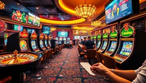 Players analyze kèo nhà cái hôm nay while enjoying an exciting casino atmosphere filled with poker chips and roulette wheels.