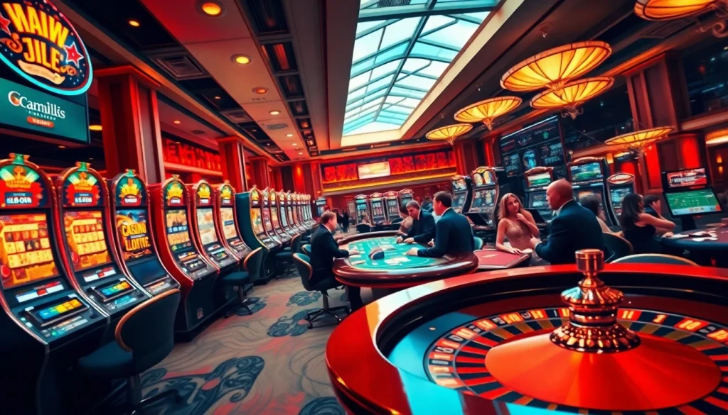 The vibrant gaming floor showcases nhà cái uy tín nhất with thrilling slot machines, roulette, and enthusiastic players.