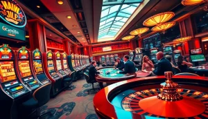 The vibrant gaming floor showcases nhà cái uy tín nhất with thrilling slot machines, roulette, and enthusiastic players.