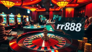 Experience the thrill of "rr88 đăng nhập" at a vibrant casino, where players engage in exciting games at roulette and poker tables.