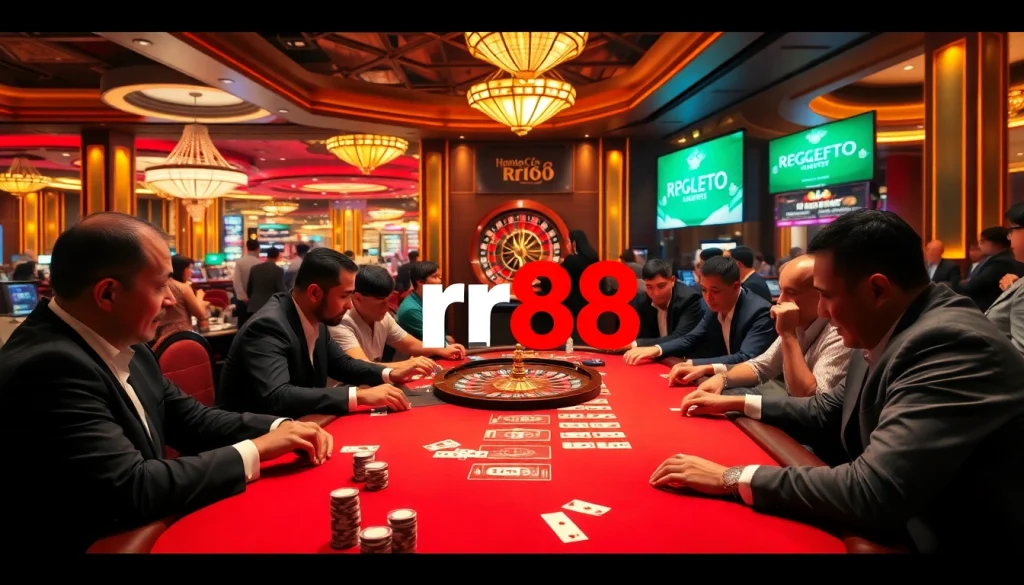 View the excitement of gameplay at nhà cái rr88's poker table with vibrant chips and intense players.