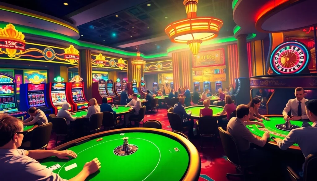 Experience excitement at https://68gamebai.download/ with vibrant card games and slot machines in a luxurious casino setting.