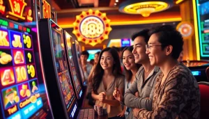Experience the excitement of j88 nổ hũ with vibrant slot machines and engaging players in a luxurious online casino setting.