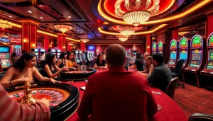 Exciting casino gaming scene at TRANG CHỦ 32WIN with players at roulette and poker tables.