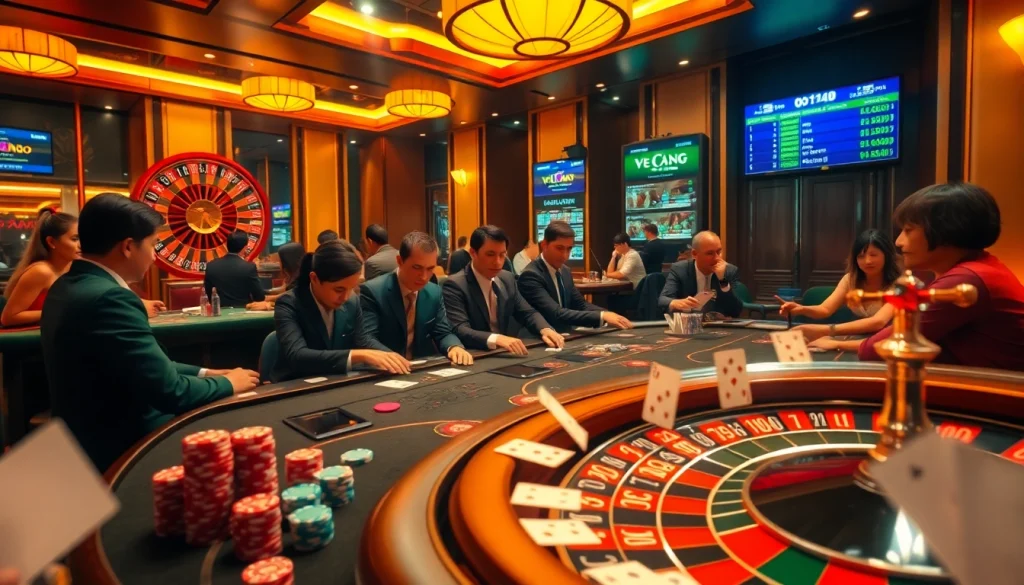 Players enjoying their game at a Nhà cái uy tín poker table amidst vibrant casino scene.