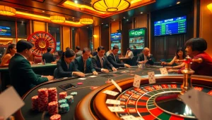 Players enjoying their game at a Nhà cái uy tín poker table amidst vibrant casino scene.
