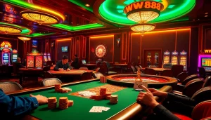 WW88 casino scene featuring vibrant poker tables, roulette wheel, and illuminated slot machines, showcasing exciting betting action.