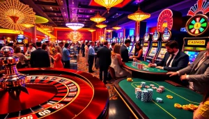 Players enjoying their time at casino qh88 with roulette and blackjack tables, vibrant atmosphere of gambling excitement.