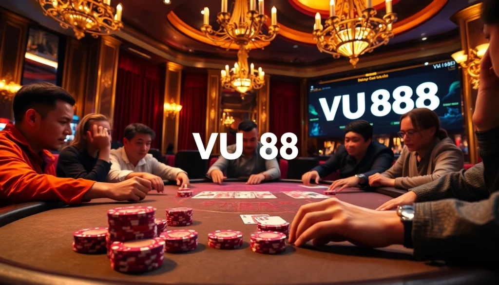 Players enjoying high-stakes poker at a VU88 powered casino table, vibrant chips and cards in focus.