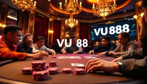 Players enjoying high-stakes poker at a VU88 powered casino table, vibrant chips and cards in focus.
