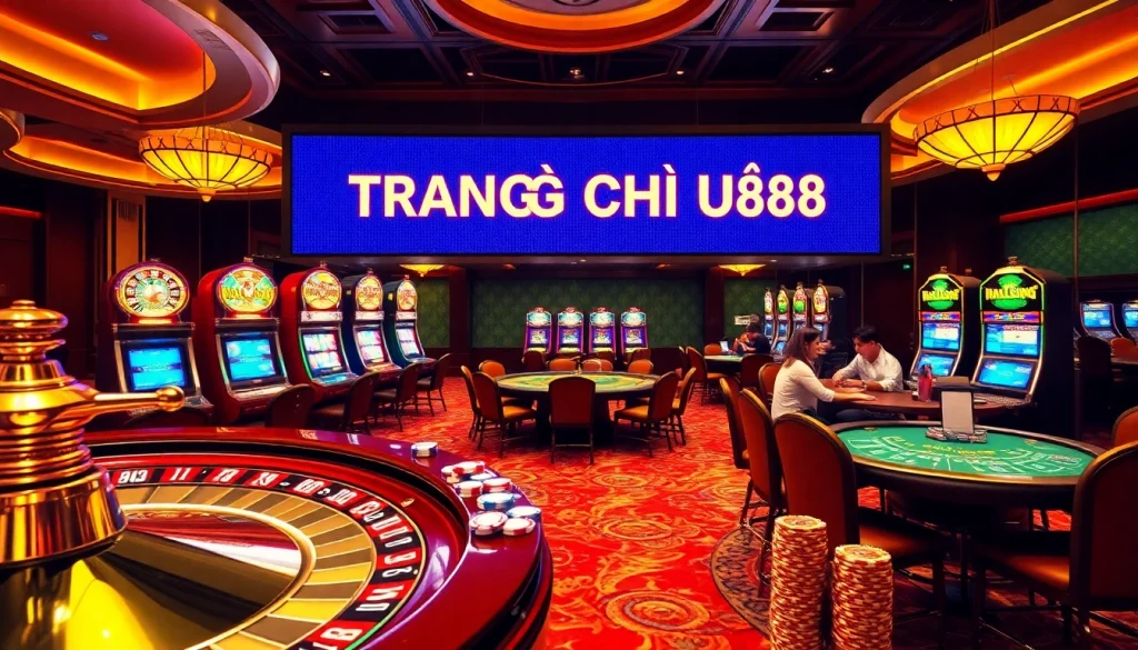 Experience the excitement of TRANG CHỦ U888 with vibrant casino tables, spinning roulette wheels, and eager players at a glamorous gaming hub.