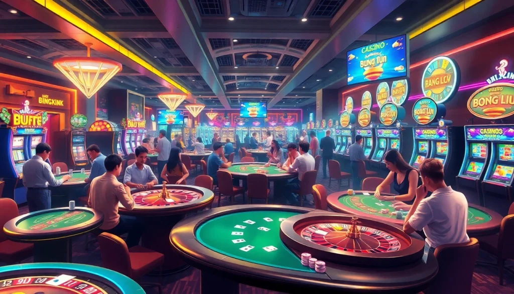 The lively atmosphere of a casino showcasing players enjoying exciting gambling games, featuring “bong da lu fun” with poker chips and roulette wheels.