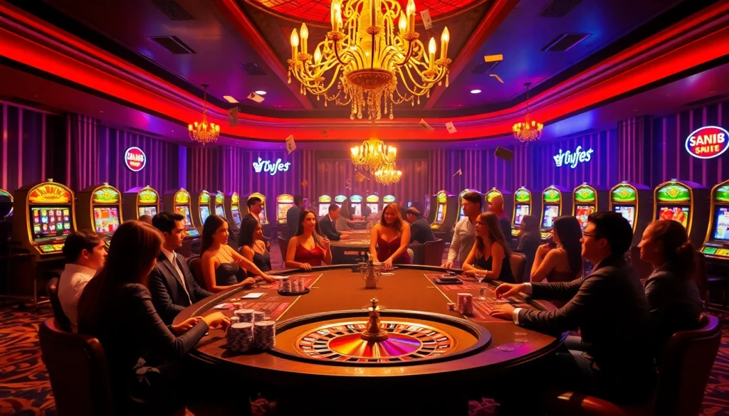 Exciting poker game showcasing bong da lu fun with players and chips in a bustling casino.