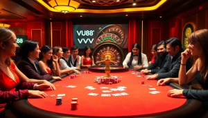 VU88 casino scene showcasing a lively poker table with players, chips, and cards.